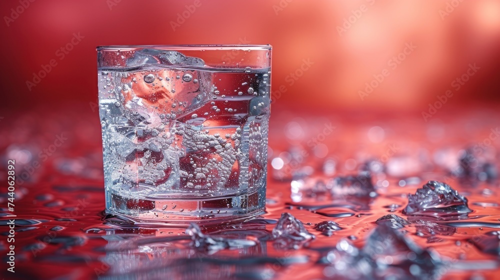 Poster a close up of a glass of water with ice cubes on a red and black table with a blurry background of i