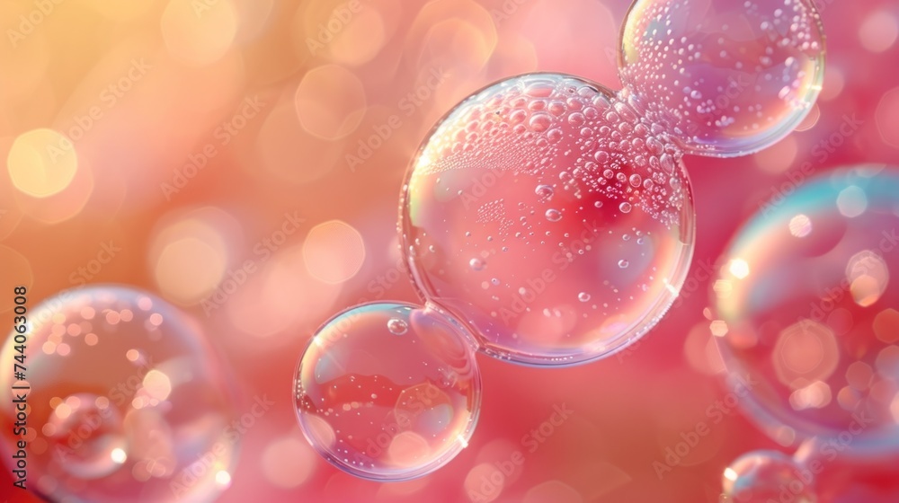 Poster  a group of soap bubbles floating on top of a pink and yellow background with a blurry light behind them and a pink and yellow background with a few smaller bubbles.
