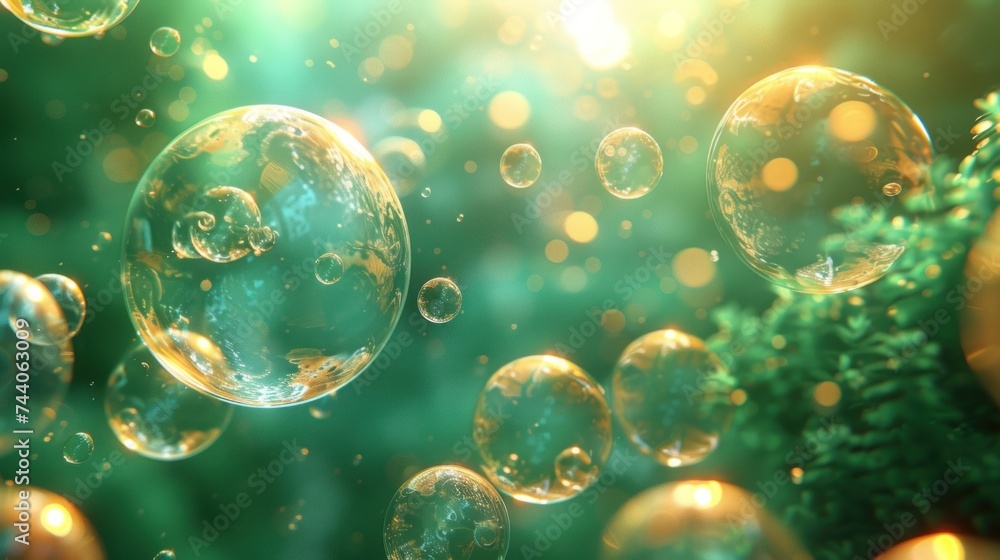 Poster a bunch of bubbles floating in the air with a blurry background of trees and bushes in the foregroun