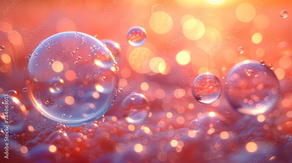 Aufkleber a group of bubbles floating on top of a blue and red surface with a bright light in the middle of th