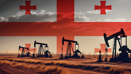 Oil production in the Georgia. Oil platform on the background of the Georgia flag. Georgia flag and oil rig. Georgia fuel market.