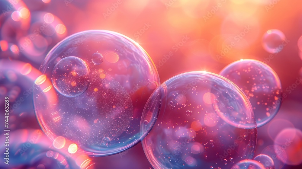 Poster a group of soap bubbles floating on top of a blue and pink background with lots of bubbles floating 