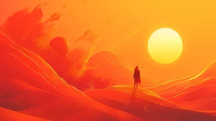 Foto op Canvas Illustration of a woman standing in the middle of a red desert with a big sun © Олег Фадеев