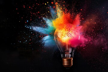 bunte Farbexplosion in einer Glühbirne vor dunklem Hintergrund