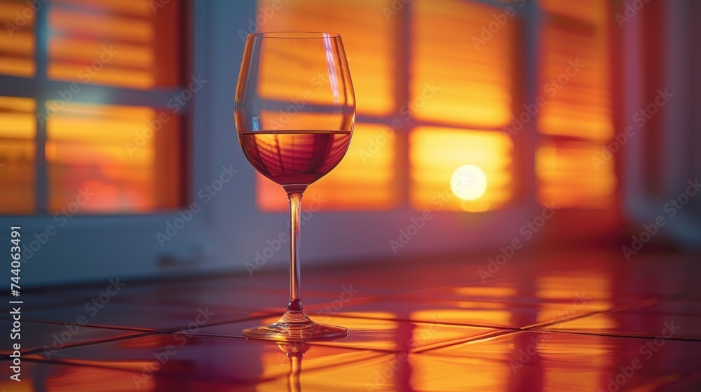 Poster a glass of wine sitting on a table in front of a window with the sun setting in the window sill behi