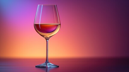  a glass of wine sitting on top of a table next to a purple and pink background with a reflection of a wine glass in the bottom of the wine glass.