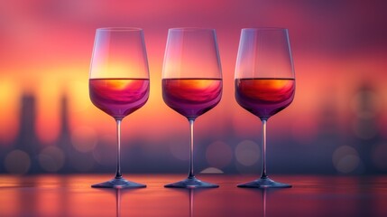  three wine glasses sitting on top of a table next to each other in front of an orange and pink sky with a city in the backgrouund of them.