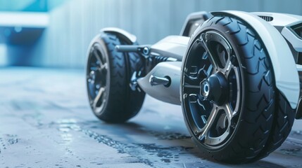 A close-up of the front wheel of a car parked on a sidewalk.  - obrazy, fototapety, plakaty