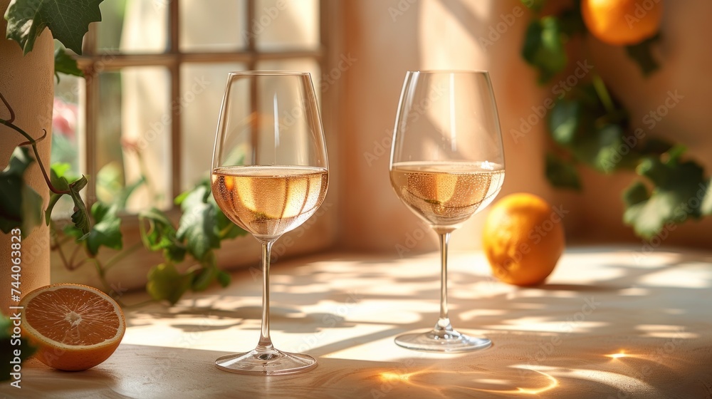 Aufkleber a couple of glasses of wine sitting on top of a table next to a grapefruit and a grapefruit on a win