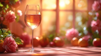  a glass of wine sitting on top of a table next to a vase filled with flowers and a vase filled with flowers in front of a window with pink flowers.