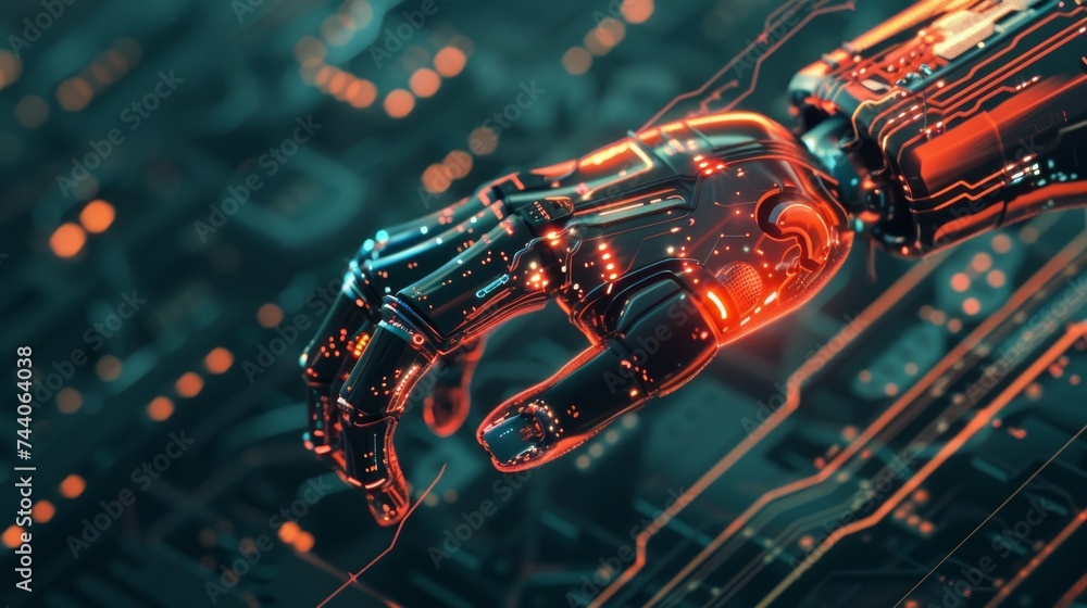 Poster a close-up of a technology scene background with a robotic hand.