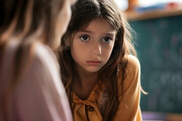 Student distressed and crying in classroom with teacher offering support and copy space. Concept Sad Student, Classroom, Teacher Support, Emotional Distress, Copyspace