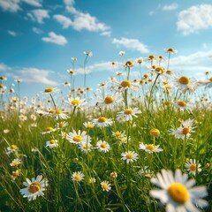 Fototapeta premium Dandelion, daisy field, blue sky and sun.