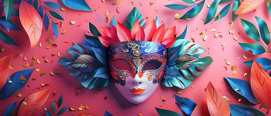 "Jewish Holiday Carnival Fair Background with Carnival Masks and Traditional Items, Abstract Layout on Pink Background"