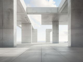 A minimalistic architectural design with clean lines, concrete walls, and open space, under a clear sky.