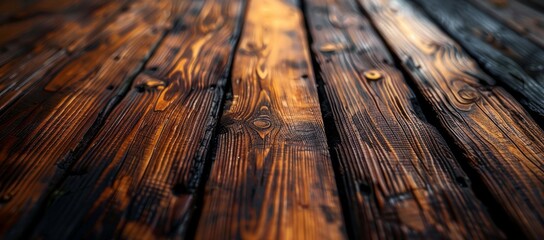 A richly textured hardwood plank, weathered and worn from years of use, evokes a sense of warmth and history as it rests upon a polished wooden floor - obrazy, fototapety, plakaty