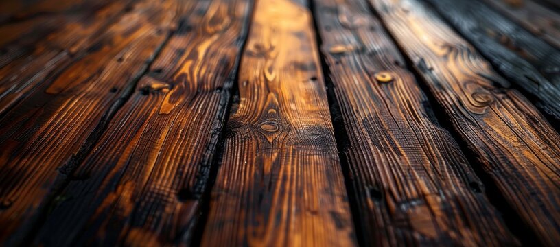 A richly textured hardwood plank, weathered and worn from years of use, evokes a sense of warmth and history as it rests upon a polished wooden floor