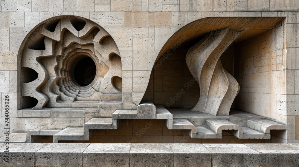 Poster a set of stone steps leading up to a tunnel in a stone wall with steps leading up to a tunnel in the