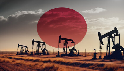 Oil production in the Japan. Oil platform on the background of the Japan flag. Japan flag and oil rig. Japan fuel market.