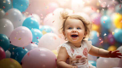 Fototapeta na wymiar girl with balloons happy birthday party holiday wallpaper smile