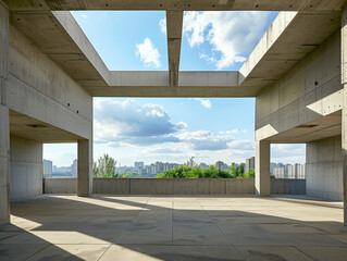 A minimalistic architectural design with clean lines, concrete walls, and open space, under a clear sky.