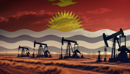 Oil production in the Kiribati. Oil platform on the background of the Kiribati flag. Kiribati flag and oil rig. Kiribati fuel market.