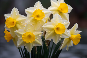Closeup of white and yellow daffodils with water drops on petals