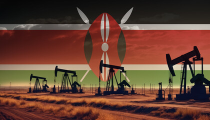 Fototapeta premium Oil production in the Kenya. Oil platform on the background of the Kenya flag. Kenya flag and oil rig. Kenya fuel market.
