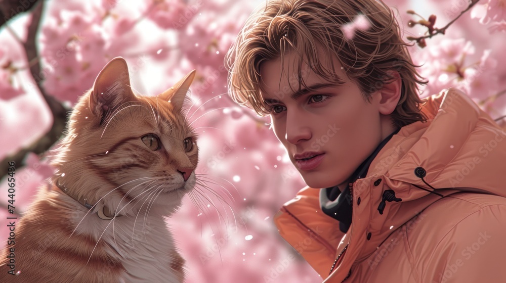 Poster a close up of a person with a cat in front of a tree with pink flowers and a person with a cat in fr