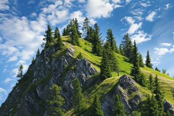 Árboles sobre la colina de una montaña verde rocosa  - obrazy, fototapety, plakaty