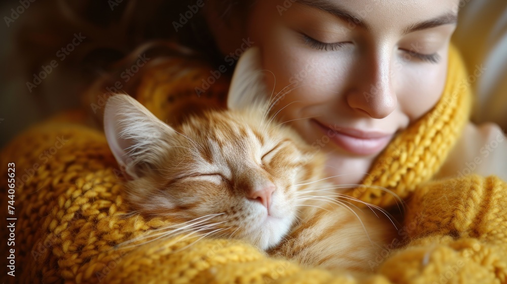 Poster a close up of a person hugging a cat with a blanket on it's back and a cat sleeping on top of the wo