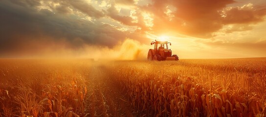 As the sun sets on a summer evening, a solitary tractor stands tall in a golden wheat field, surrounded by the vastness of nature and the promise of a bountiful harvest - obrazy, fototapety, plakaty