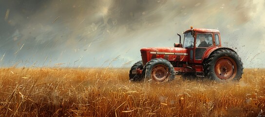 A vibrant red tractor stands proudly in the lush green field, a symbol of hard work and progress in the world of agriculture
