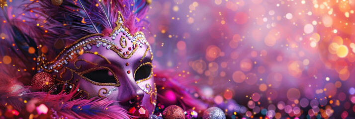Luxurious purple Mardi Gras mask with ornate golden details and vibrant feathers against a sparkling bokeh background, festive carnival celebration and masquerade theme - obrazy, fototapety, plakaty