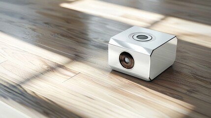 A white cube digital hi-fi bluetooth speaker with a wooden surface.