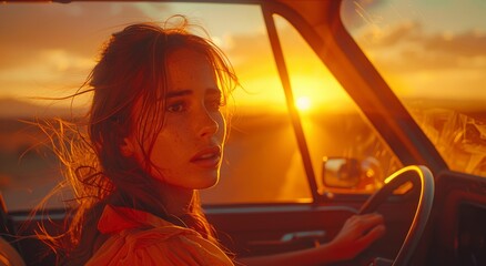 A girl watches the sunset through her car mirror, her face reflecting the vibrant colors of the sky as she drives through the open landscape - obrazy, fototapety, plakaty