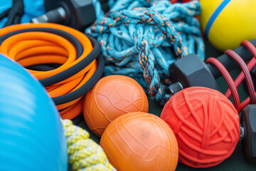 Close-up of functional training equipment, medicine balls, dumbbells, and jump ropes, ready for a high-intensity workout session - obrazy, fototapety, plakaty