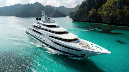 Luxury yacht sailing on crystal clear waters, group of wealthy individuals enjoying the sun on deck, epitome of affluent lifestyle