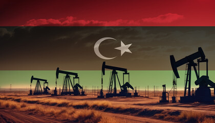 Oil production in the Libya. Oil platform on the background of the Libya flag. Libya flag and oil rig. Libya fuel market.