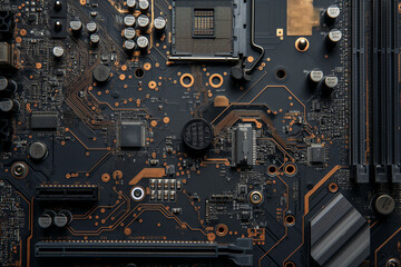 Fototapeta premium Close-up of a computer motherboard, intricate circuits and components, highlighting the complexity and beauty of technology