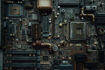 Close-up of a computer motherboard, intricate circuits and components, highlighting the complexity and beauty of technology