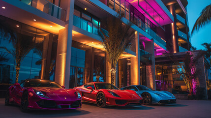High-end sports cars parked in front of an exclusive club, showcasing the lavish tastes of the...