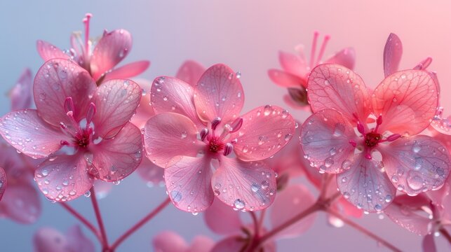  a group of pink flowers with water droplets on them, on a blue and pink background, with a soft focus to the center of the image of the flowers.