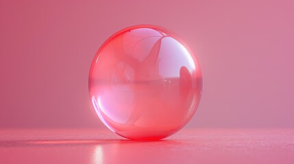  a close up of a red object on a pink surface with a reflection of the object in the middle of the image and the light reflecting off of the object.