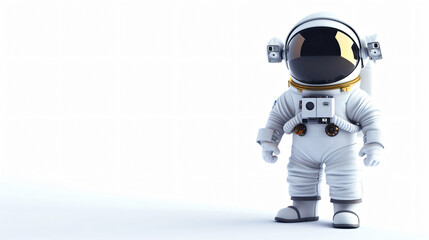 3D rendering of a cartoon astronaut in a white spacesuit with a gold visor. The astronaut is standing on a white surface with a white background.