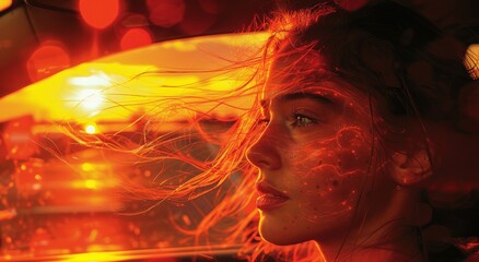 A striking woman with fiery red hair and a radiant complexion illuminated by the warm amber light of the night, exuding an alluring and otherworldly aura - obrazy, fototapety, plakaty