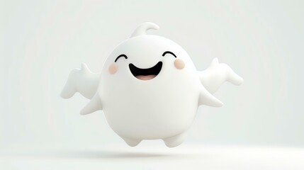 This is a 3D rendering of a cute and friendly ghost. It has a big smile on its face and is surrounded by a soft, white glow.