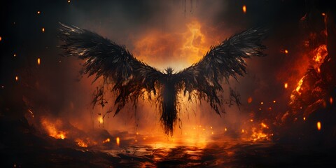 Artistic image depicting fallen angel in fiery inferno with dark wings. Concept Dark Fantasy, Fallen Angel, Fiery Inferno, Artistic Image, Dark Wings - obrazy, fototapety, plakaty