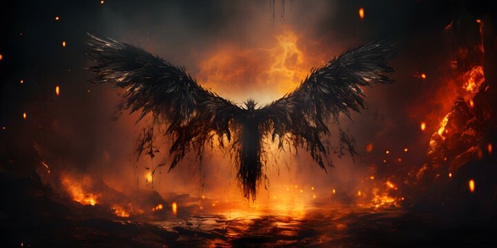 Artistic image depicting fallen angel in fiery inferno with dark wings. Concept Dark Fantasy, Fallen Angel, Fiery Inferno, Artistic Image, Dark Wings