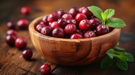  a wooden bowl filled with fresh cranberries on top of a wooden table next to a leafy green sprig of mint on top of a wooden table.